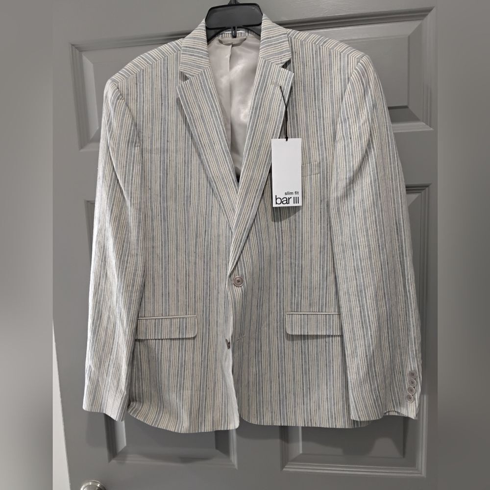Bar III Men's Slim Fit Light Gray Striped Blazer